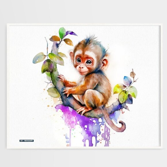 20x30 Baby Monkey Chimpanzee Watercolor Nursery Room Wall Art Oil Painting - Picture 1 of 8
